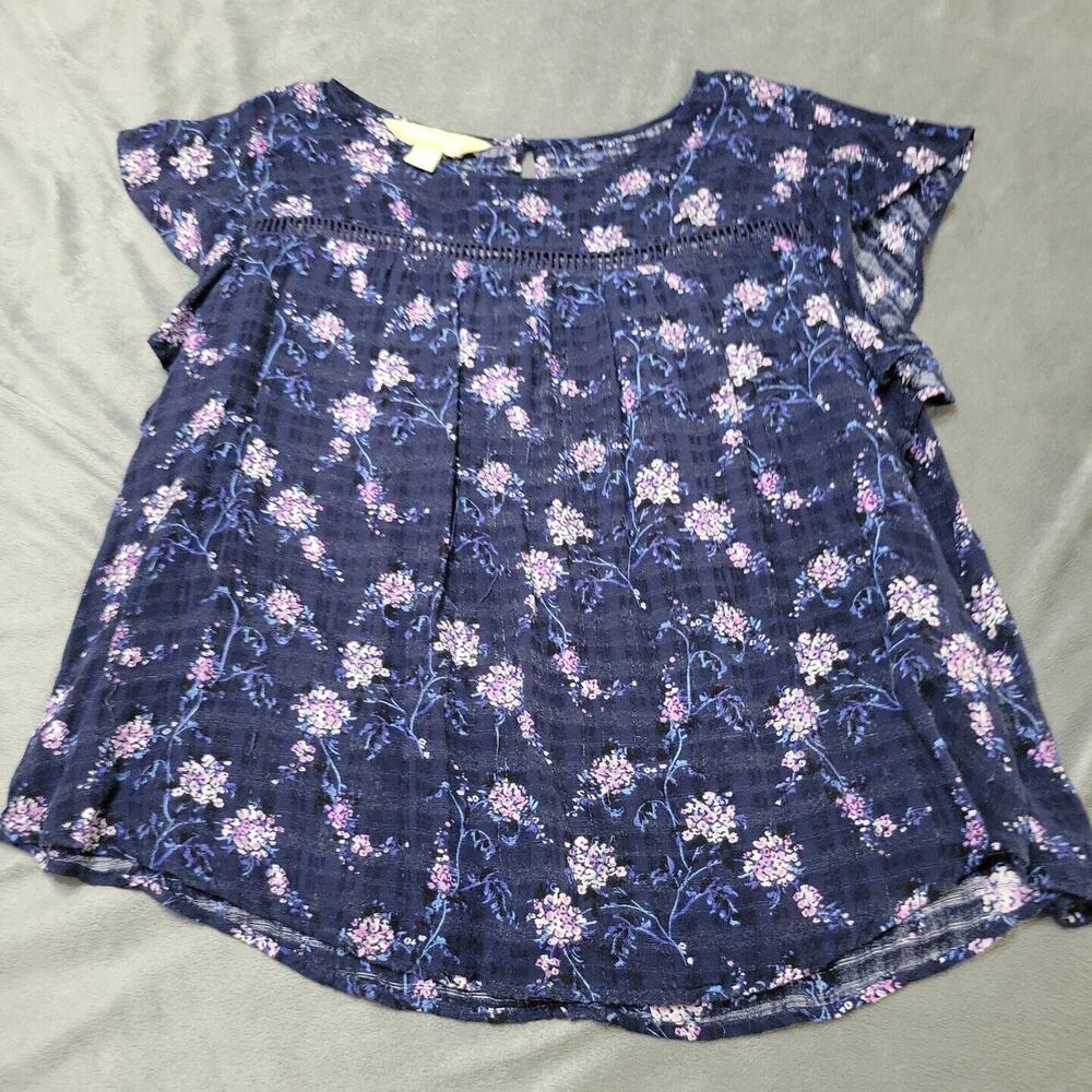 Roebuck & Co Shirt Women Large Blouse Blue Floral Sleeve Button Keyhole Back Top